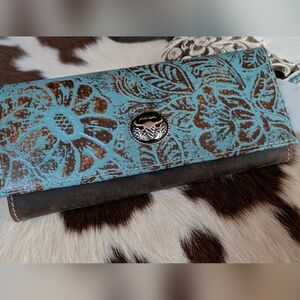 Turquoise and Brown Floral Embossed Wallet